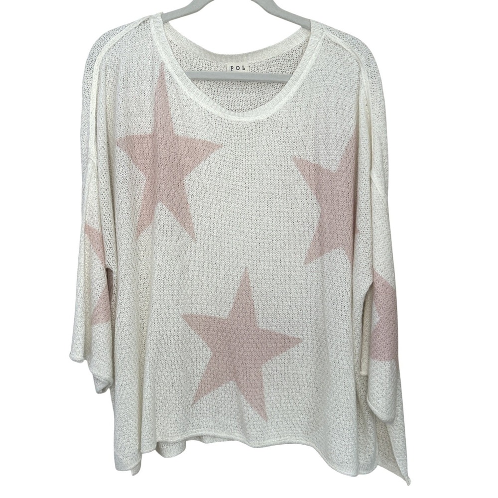 POL Lightweight Star Sweater White Pink Oversized Open Weave Scoop Neck Boxy S